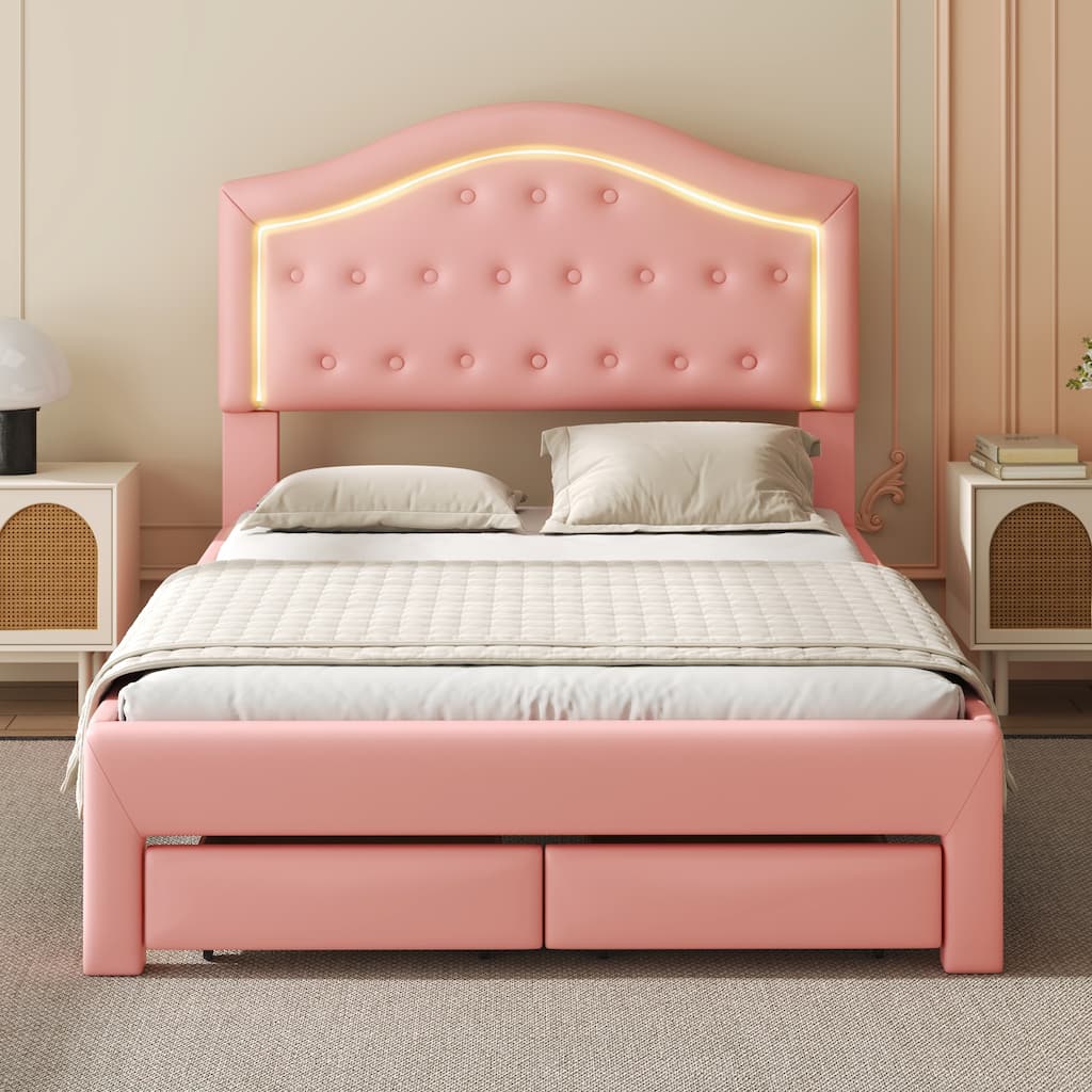 Full Size Upholstered Platform Bed with LED and Drawers