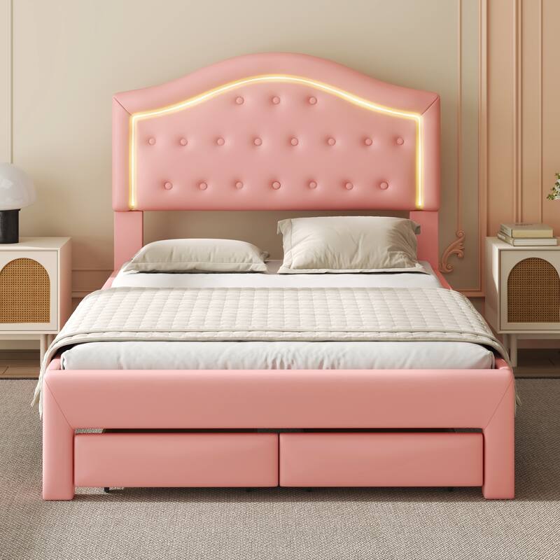 Upholstered Platform Bed with Tufted Headboard, LED and 2 Drawers, Pink