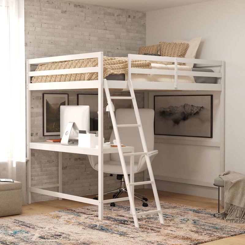 Traditional Wood Slat Loft Bed with Integrated Desk & Ladder - White - Full