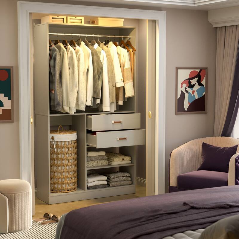 Rackcog Freestanding Closet Organizer with Hanging Rod, Closet System Wardrobe with Wood Drawers