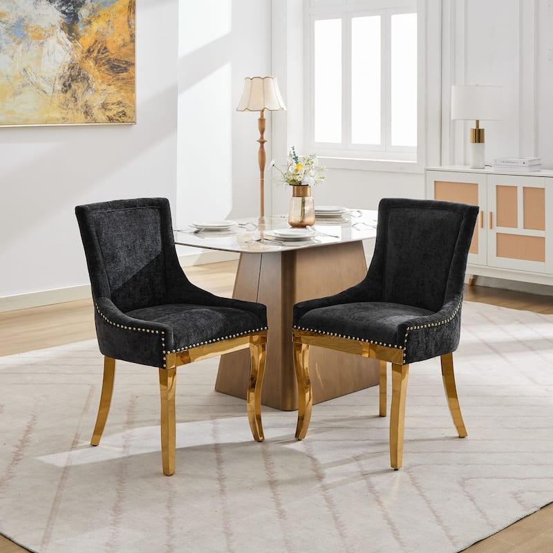 Chenille Dining Chairs, Modern Upholstered Accent Chair with Curved Gold-Plated Legs & Rivet Trim, Plush Fabric, Set of 2