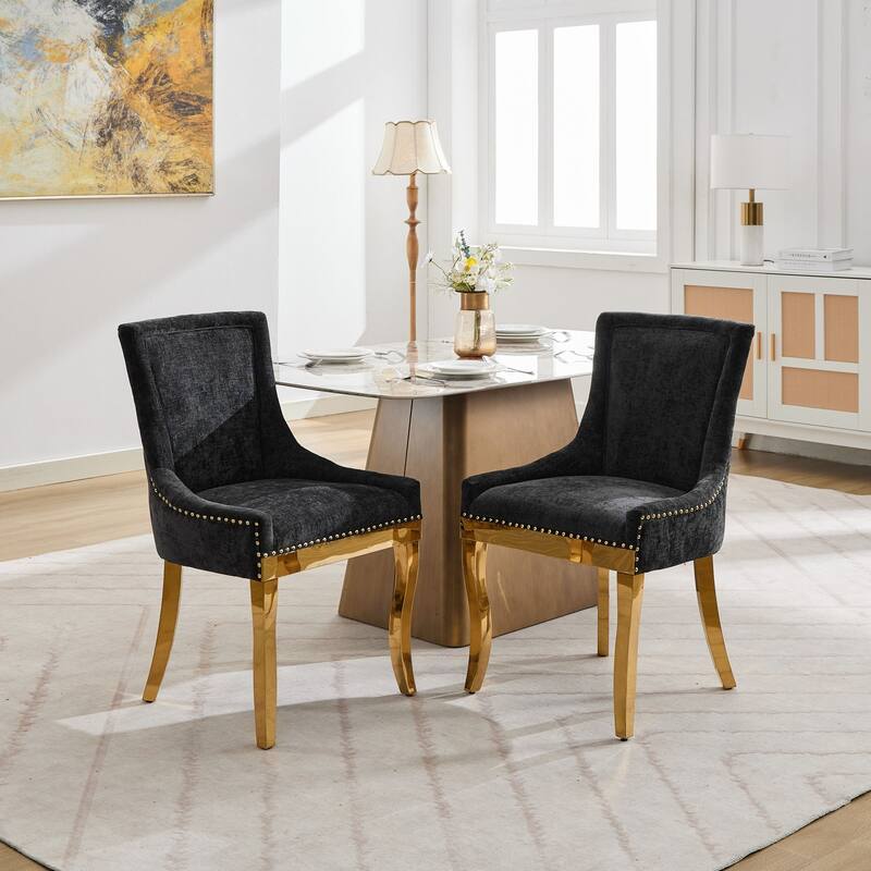 Chenille Dining Chairs,Curved Gold - Plated Legs & Rivet Trim,Accent Seating With Textured Fabric&One-Piece Structure,Set Of 2