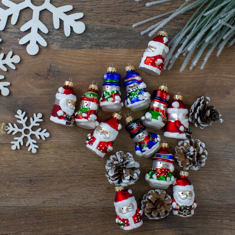 12ct Red Winter Snowmen Santa Claus Figurine Glass Ornaments 2.5"