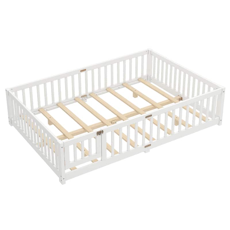 Montessori Toddler Floor Bed with Fence and Switchable Door, Low Profile Bed Frame with Removable Slats, Safe Transition Bed