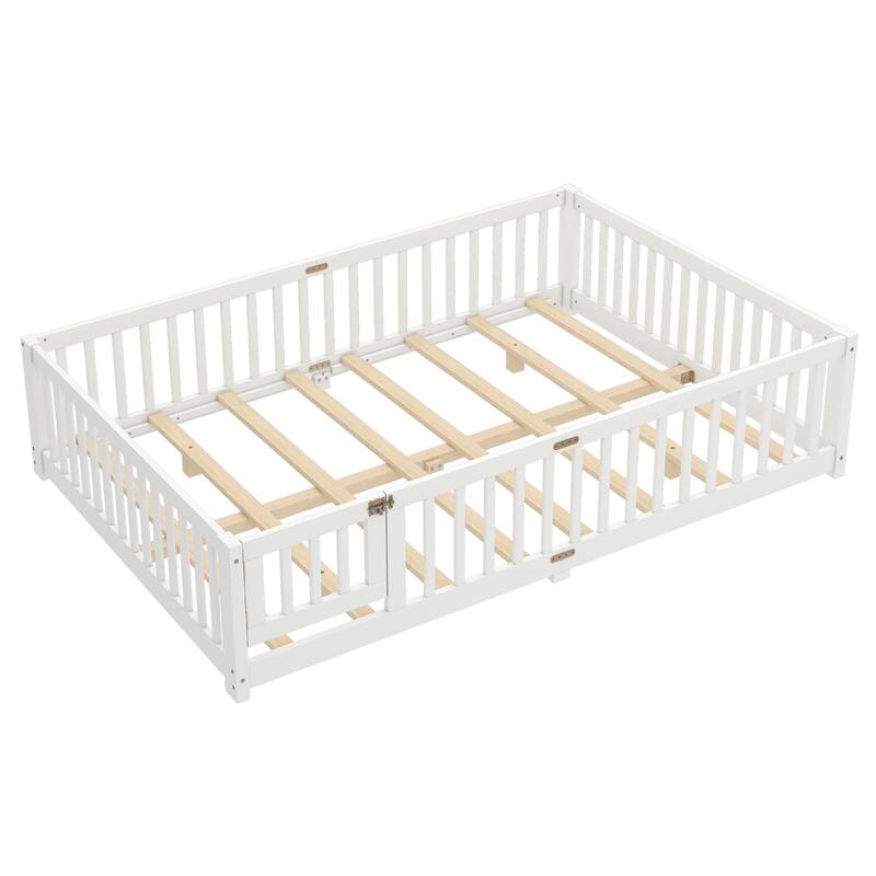 Queen Size Bed Floor Bed with Safety Guardrails and Door for Kids
