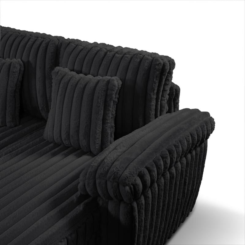 U-Shaped Corduroy Sectional Sofa with Storage Chaise & Pull-Out Bed, Upholstered Corner Sofa with Cup Holder & USB Port