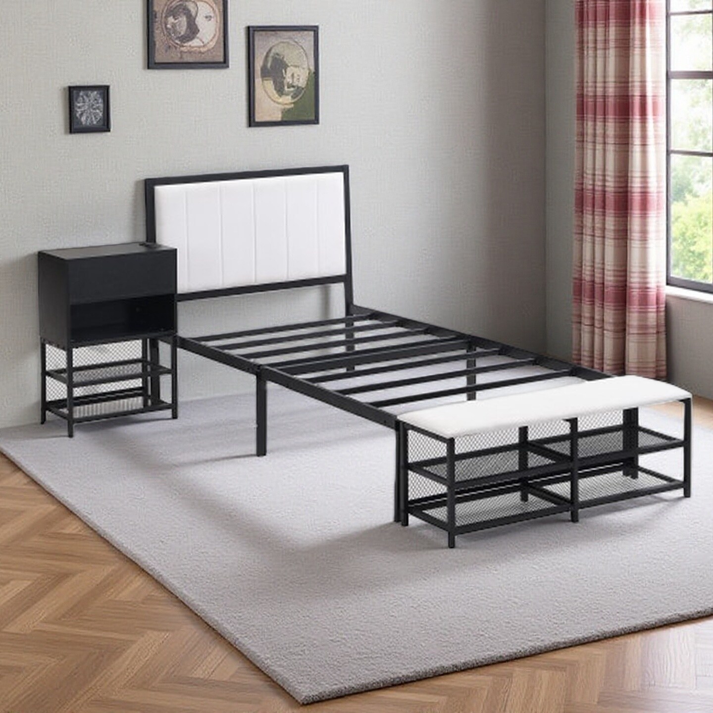 Full-Size Upholstered Metal Platform Bed with Dual Storage Shelves, Wooden Cabinet, and Cushioned Footrest