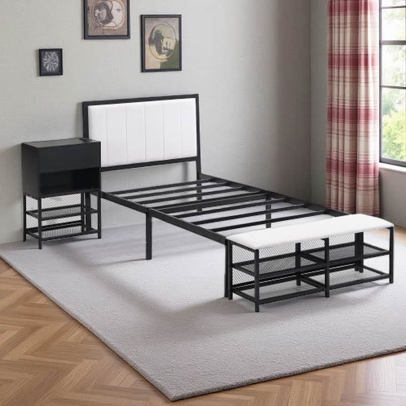 Full-Size Upholstered Metal Platform Bed with Dual Storage Shelves, Wooden Cabinet, and Cushioned Footrest - Twin Black - Twin