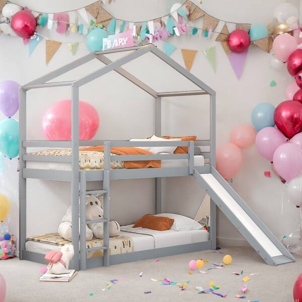 slide 2 of 13, Friendly Playhouse-inspired Style Twin Over Twin Bunk Bed with Roof, Slide and Ladde Gray