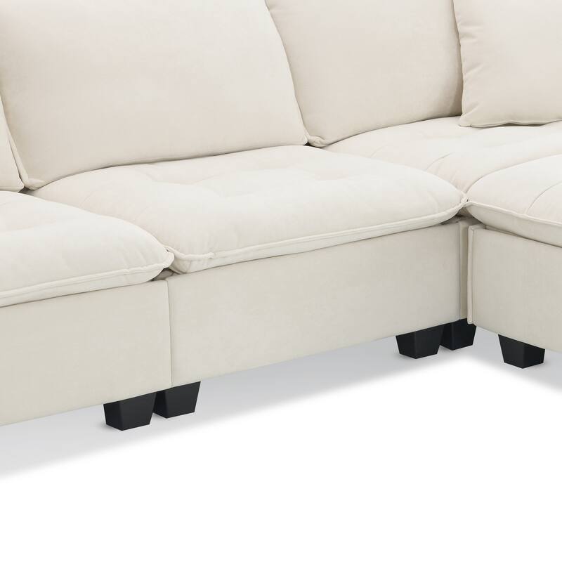100" L-Shaped Suede Sectional Sofa with Ottoman and Pillows, 4-Seater Sleeper