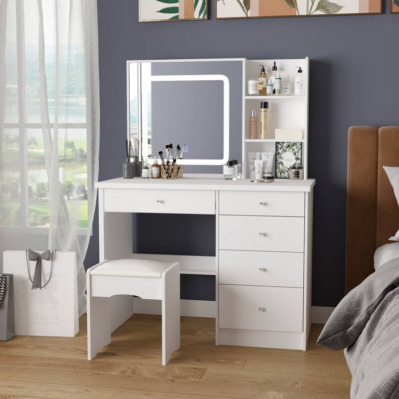 Makeup Vanity Set with Stool and 3 Color Touching Mirror Dresser Table - 39.4"W