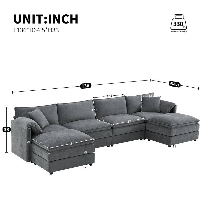136" Chenille Modular Sectional Sofa, U Shaped, 6 Seat with Movable Ottomans, Dark Gray