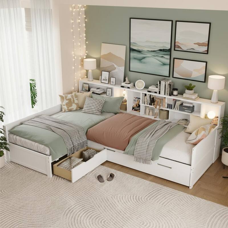 Twin L-Shaped Daybed with Built-In Bookcase, Storage Drawers & Trundle by Harper&Bright Designs - White
