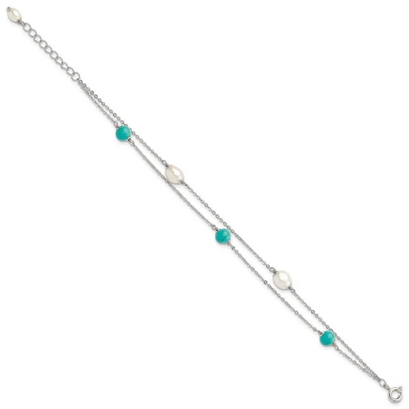 Curata 925 Sterling Silver 7" Cultured Pearl and Turquoise Beads Double Strand Bracelet