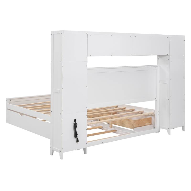 Queen Size Wooden Bed with Built-in Storage, Shelves, and Outlets, White