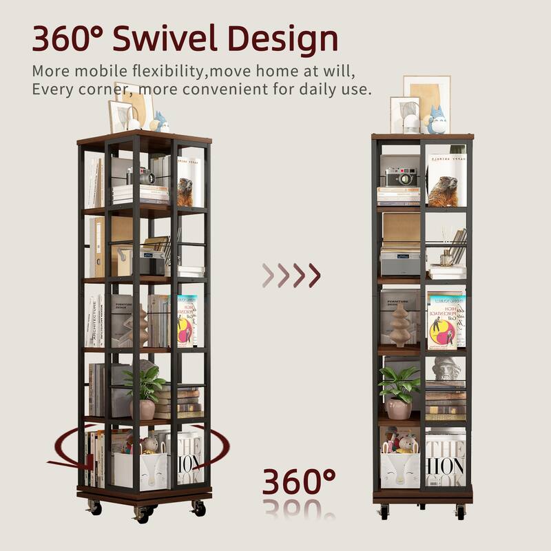 5 Tiers Rotating Bookshelf, Corner Bookcase, 360 Display Wood Spinning Bookshelves, Floor Standing Bookcase Narrow Shelf