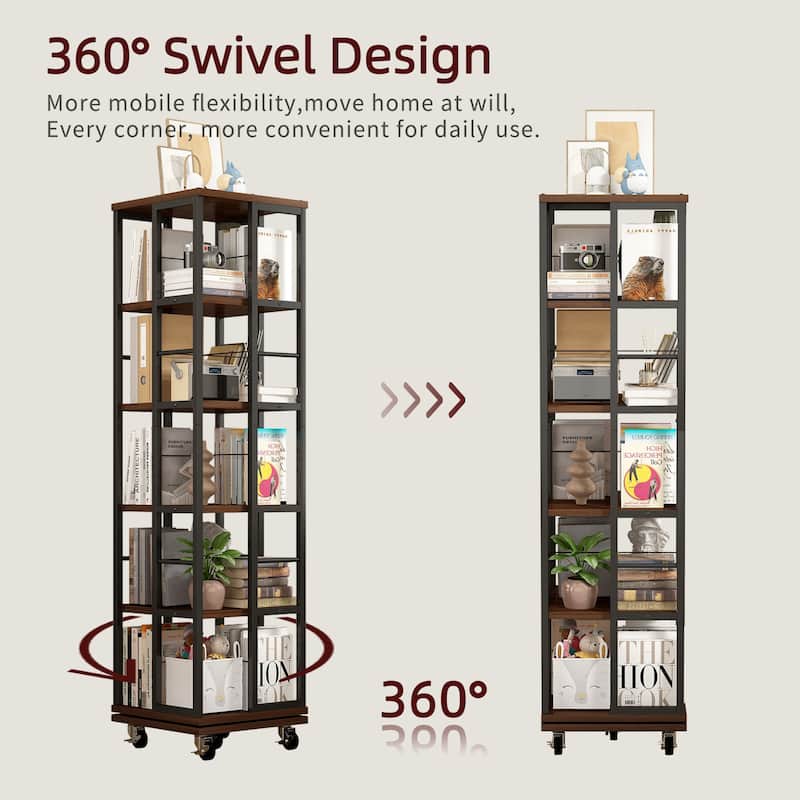Anmytek 360 Rotating Corner Bookshelf with Wheels Space Saving Storage for Small Rooms