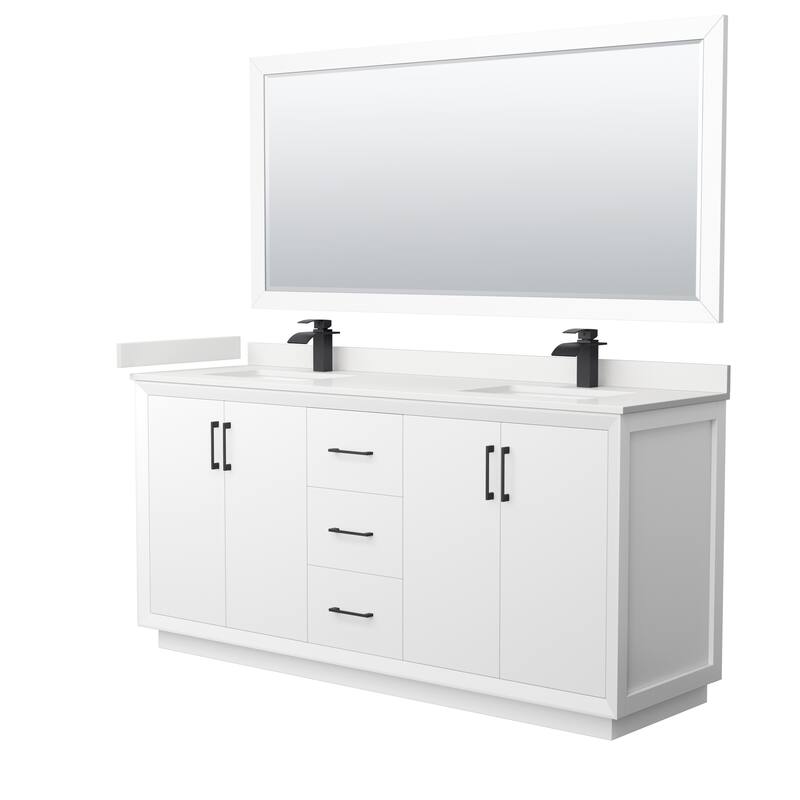 Strada 72-inch Double Vanity, Quartz Top, 70-inch Mirror - White, Black Trim, White Quartz Top