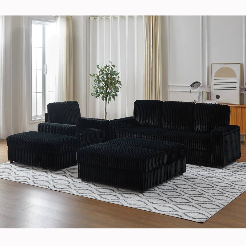 Anmytek Corduroy 3-Seater Deep Seat Sofa & Single Recliner With Cup-Holding Grooves