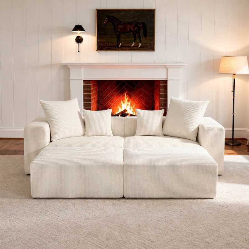 Corduroy Upholstered Modular Sectional Sofa with Ottoman - Beige-4 piece - Symmetrical