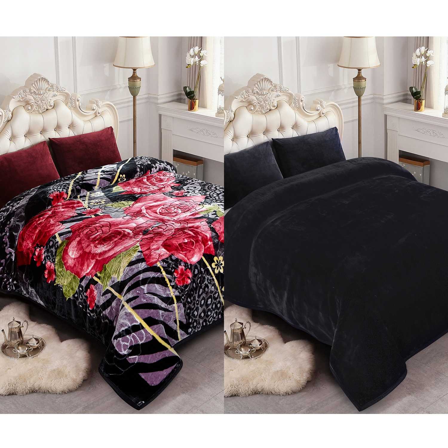 Luxury Heavy Thick Plush Blanket 2 Ply A B Disign For Winter 79 x91 9 lbs Black Floral King 85 x96
