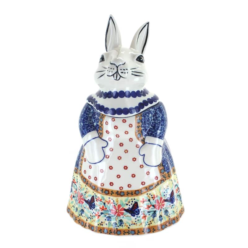 Blue Rose Polish Pottery P080 Manufaktura Rabbit Cookie Jar - Blue Butterfly