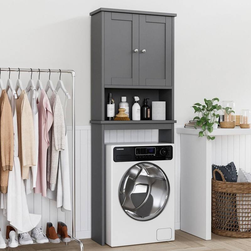 Over The Toilet Storage Cabinet, Wood Door - 8.5"D x 23.6"W x 65.4"H