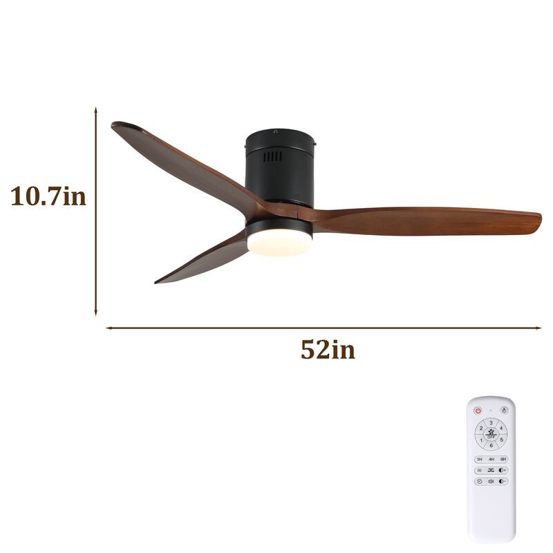 52 Inch Ceiling Fan with Light, 3 Dark Walnut Solid Wood Blades,Remote Control,6-speed Reversible DC Motor - Black + Dark Walnut