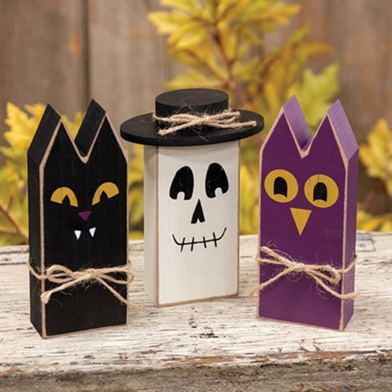 3/Set - Wooden Primitive Halloween Friend Block Sitters - Multi