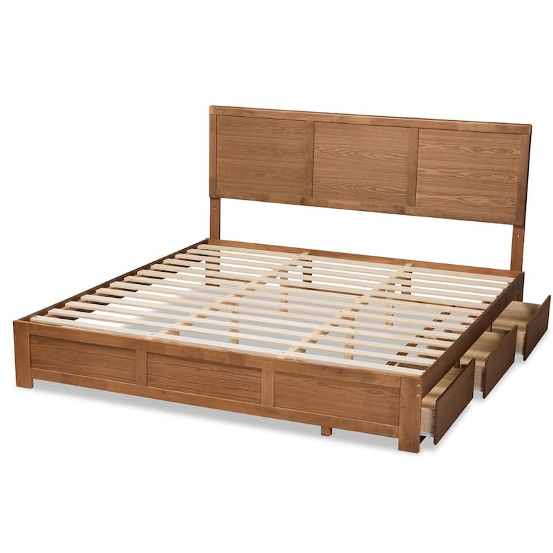 King Size Storage Bed - Ash Walnut Wood Platform Bed with 3 Drawers - Modern Bedroom Furniture
