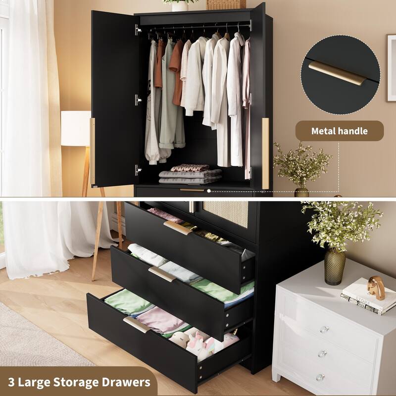 69.5" Armoire Wardrobe Closet with Rattan Doors, 3 Drawers & Hanging Rod, Wooden Storage Cabinet for Bedroom