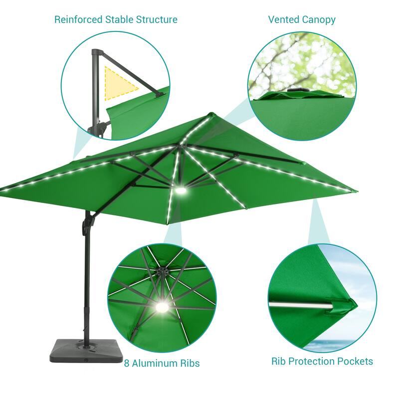 BONOSUKI 10x10FT LED Cantilever Patio Umbrella Angle Adjustment w/Base