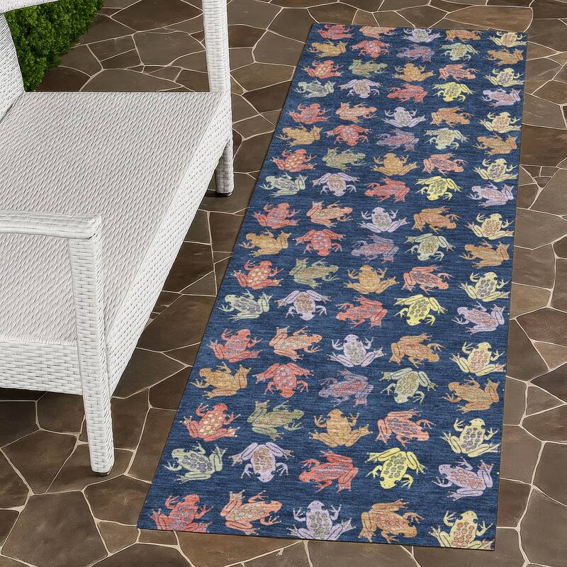 Machine Washable Indoor/ Outdoor Modern Frogs Chantille Rug - Navy - 2'3" x 7'6"