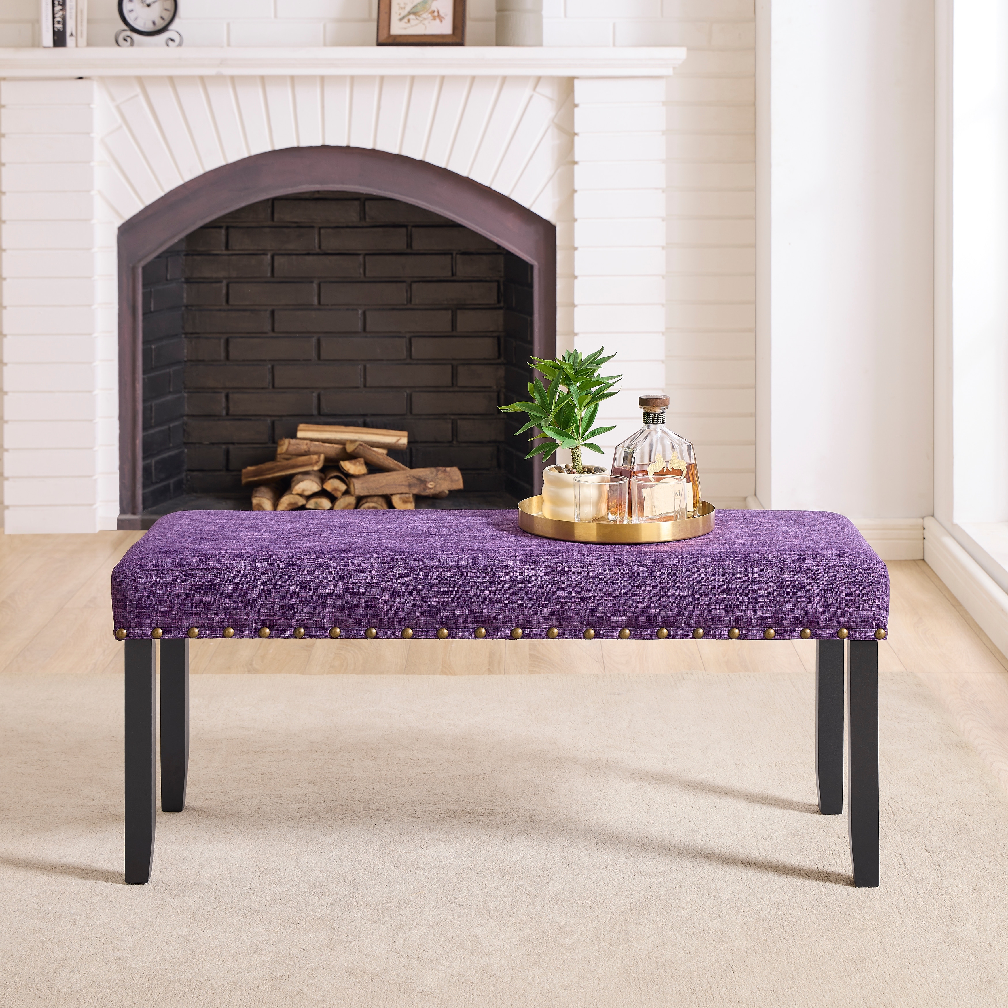 Roundhill Furniture Biony Fabric Dining Bench with Nailhead - Picture 17 of 30