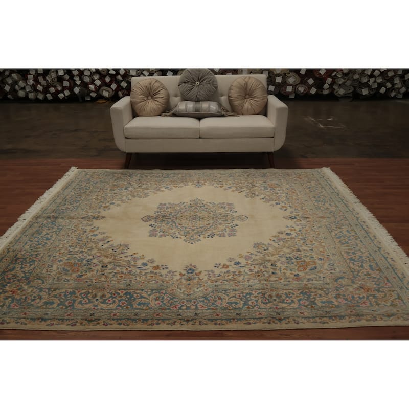 Hand Knotted Oriental 100% Wool Carpet Traditional Floral Beige & Ivories Kerman Area Rug - 8' 0'' X 7' 7''