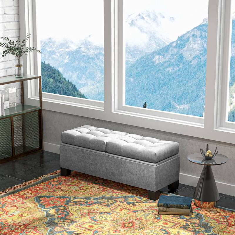 Practical Upholstered Storage Bench with Button Tufting and Flap, Gray Entryway Footrest Bench, Window Bench Indoor Bench - Gray