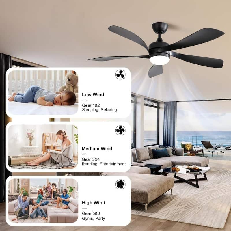 45 Inch / 52 Inch White Ceiling Fan with Dimmable LED Light and Remote, 6-Speed Reversible DC Motor, ABS Blades