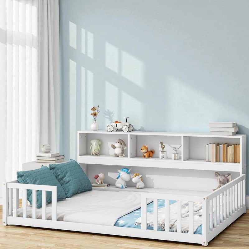 Twin/Full Size Wooden Floor Bed with Bedside Bookcase and Shelves, Low Platform Bed with Guardrails - White - Full