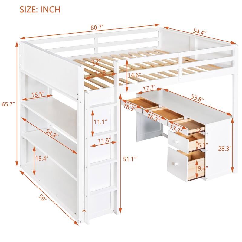 Full Size High Loft Bed with Desk, Storage Drawers & Shelves, Solid