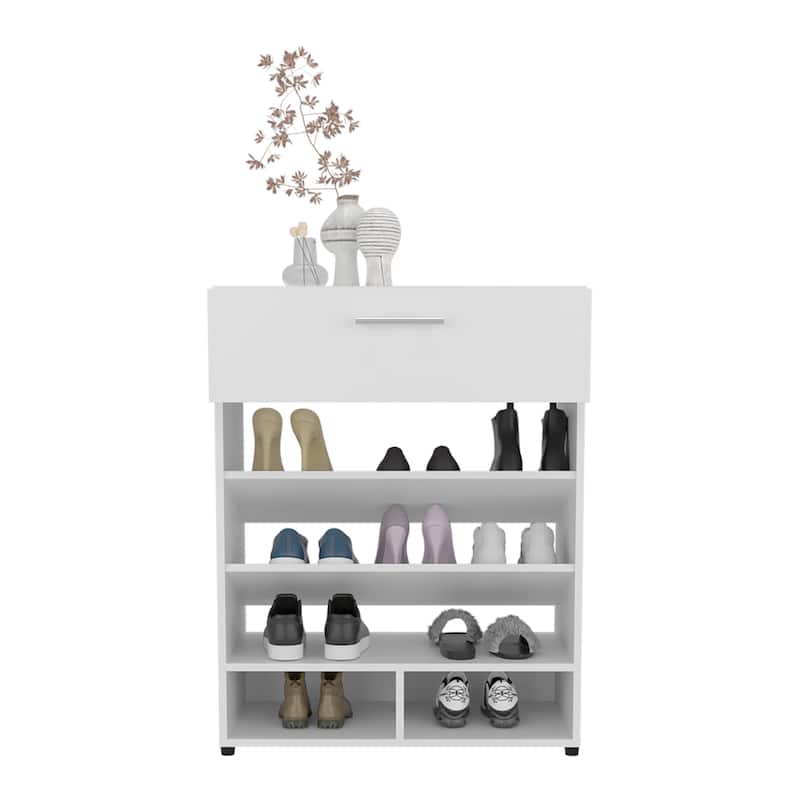 Shoe Rack, 3-Tier, One Drawer, Five Shelves, Shoe Storage, White