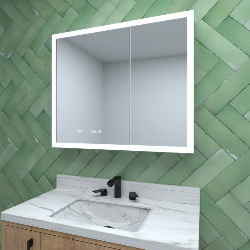 GDFStudio - Delmar Modern Aluminum LED Lighted Medicine Cabinet with Mirror Anti Fog and Digital Clock