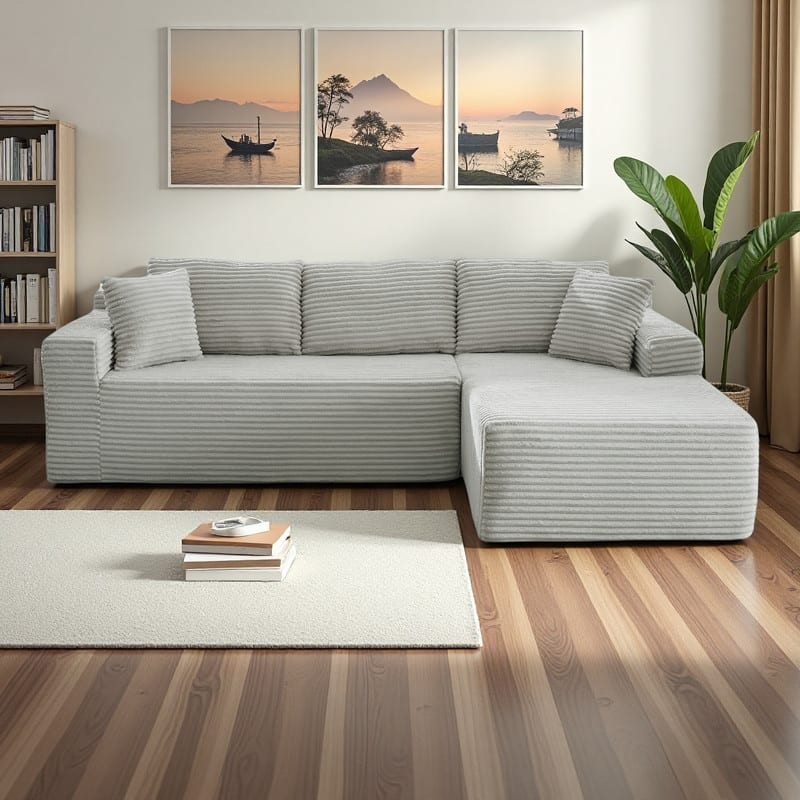 103.2" Corduroy L-Shaped Cloud Sectional Sofa with No Assembly Required, Deep-Seat Modular Sleeper - LIGHT GREY