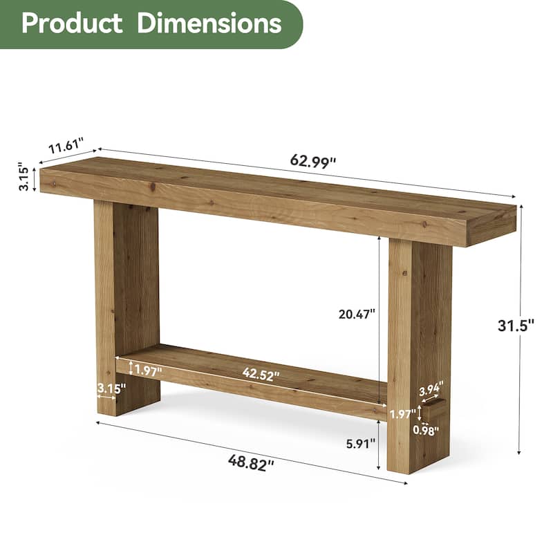 63'' Solid Wood Console Table with Shelf, 2-Tier Narrow Entryway Table
