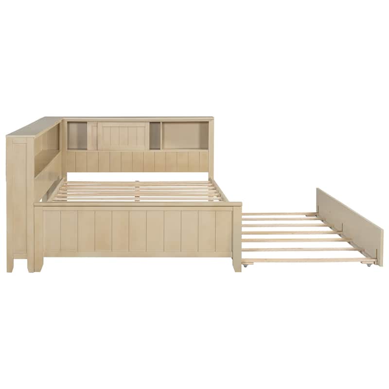 Full Size L Shaped Daybed with Twin Trundle, Wood Sofa Bed Frame with Storage Shelves and Slats Support, No Box Spring Needed