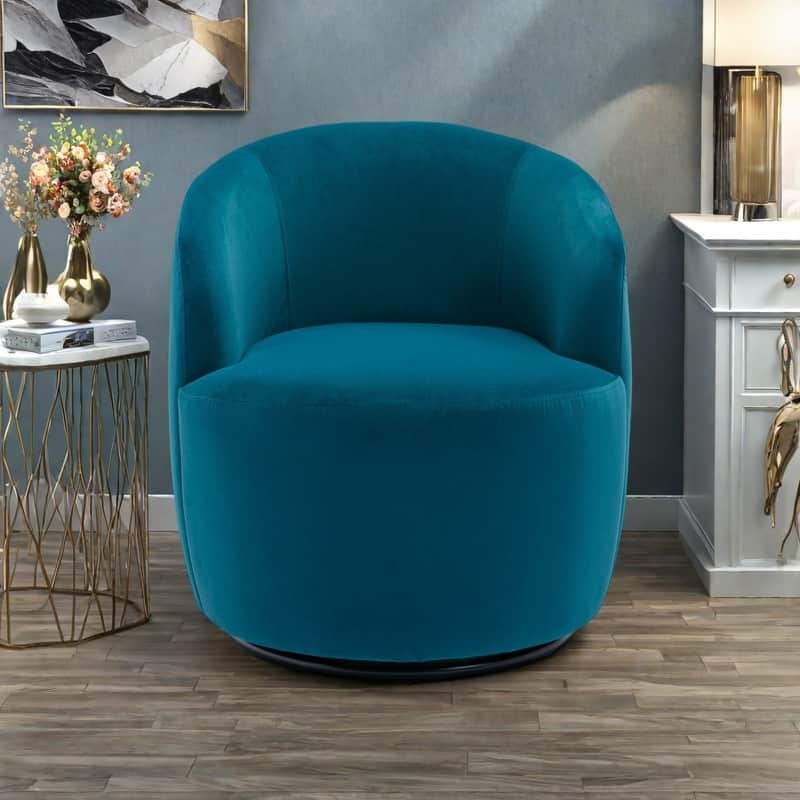 Velvet Swivel Barrel Chair 360° Rotating Accent Chair with Black Metal Base