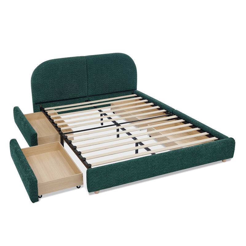 Queen Size Upholstered Bed Frame Modern Minimalist Style - Circle Yarn Fabric, Tall Curved Headboard