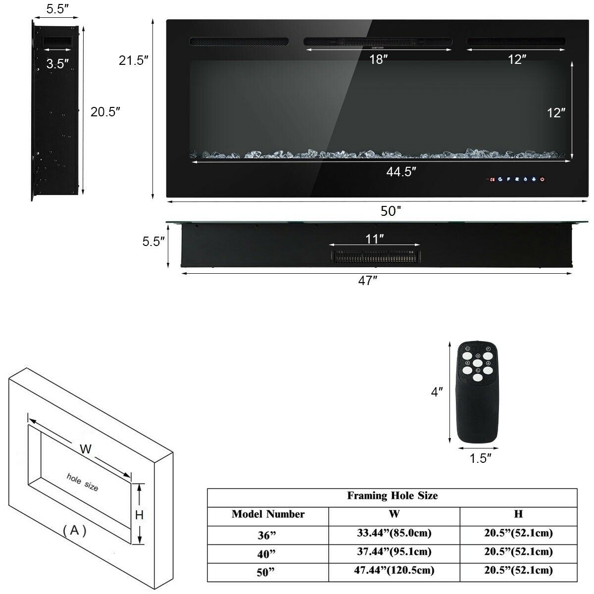 Gymax 50'' Electric Fireplace Recessed and Wall Mounted 750W/1500W W/ - On  Sale - Bed Bath u0026 Beyond - 29756432