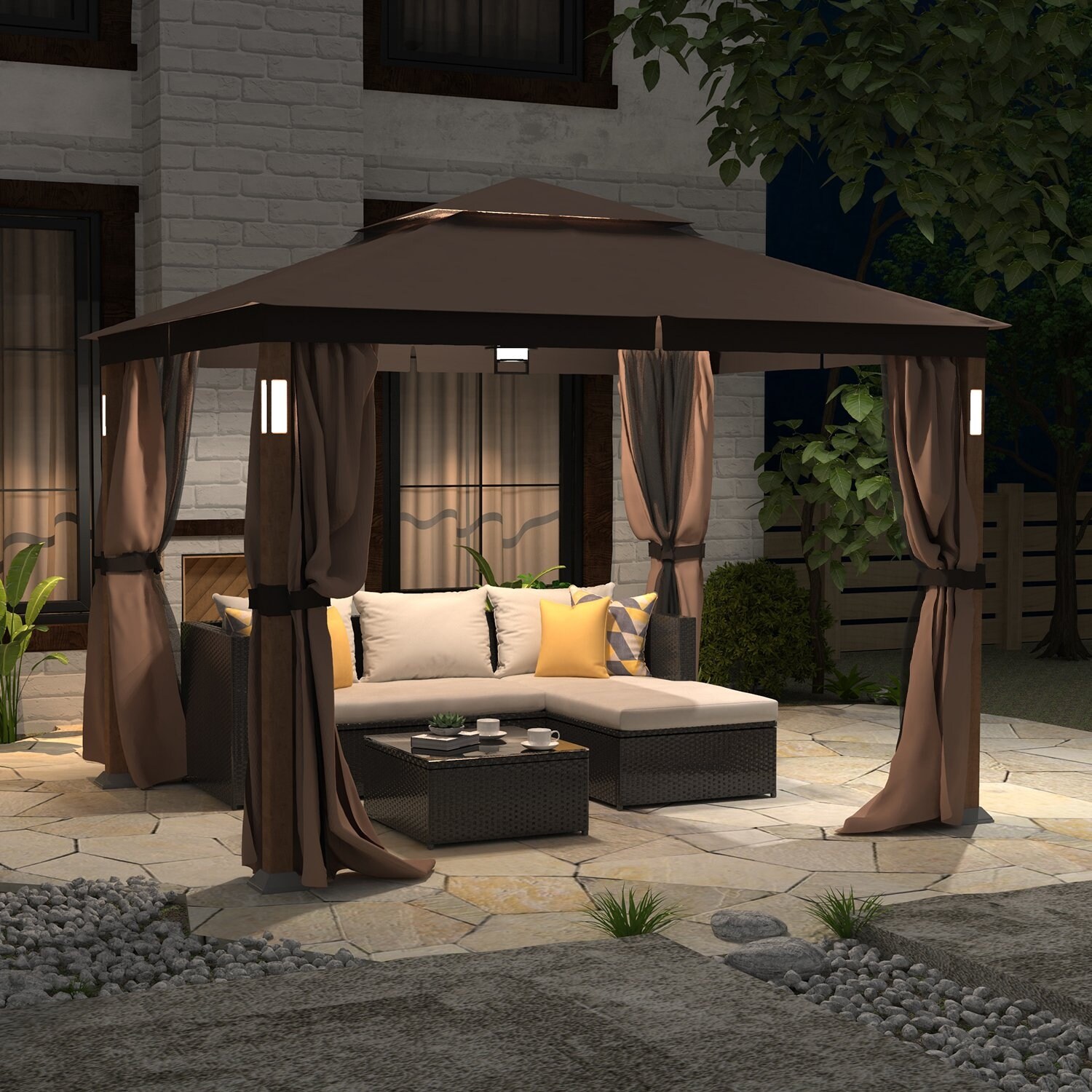 Hscw Premium 10 X 12 Steel Soft Top Gazebo With Mosquito Netting Led Lights And Bluetooth Speakers Overstock 33832944