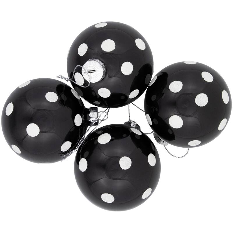 Set of 4 Black White Polka Dots Christmas Glass Ball Ornaments 3" 80mm