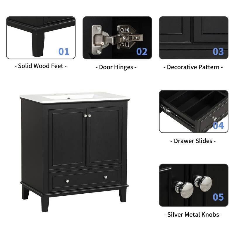 30 inch Freestanding Bathroom Vanity Set in Black with Integrated Ceramic Sink